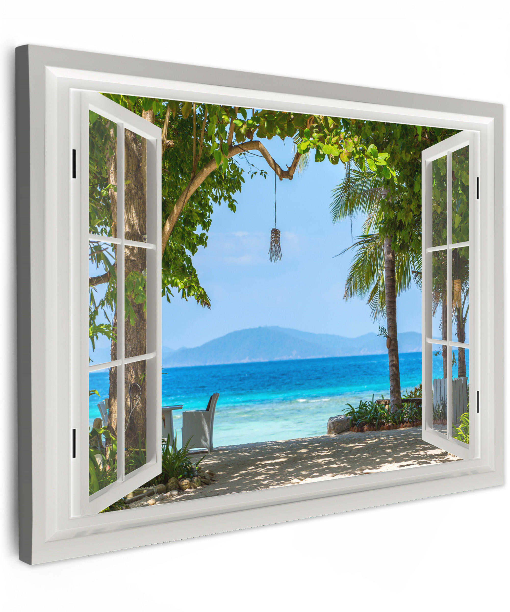 LEINWANDBILD Aussicht - Baum - Meer - Palme - Hügel - Strand - Blau Wandbilder 80x60 cm - Blau, Textil (80/60cm) - MuchoWow