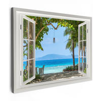 LEINWANDBILD Aussicht - Baum - Meer - Palme - Hügel - Strand - Blau Wandbilder 80x60 cm - Blau, Textil (80/60cm) - MuchoWow