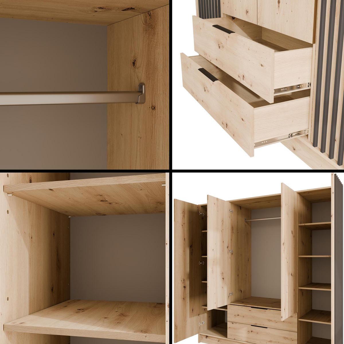 KLEIDERSCHRANK NELIA - 200 cm - Schwarz/Eiche Artisan, Holzwerkstoff (200/200/51cm) - ALTDECOR