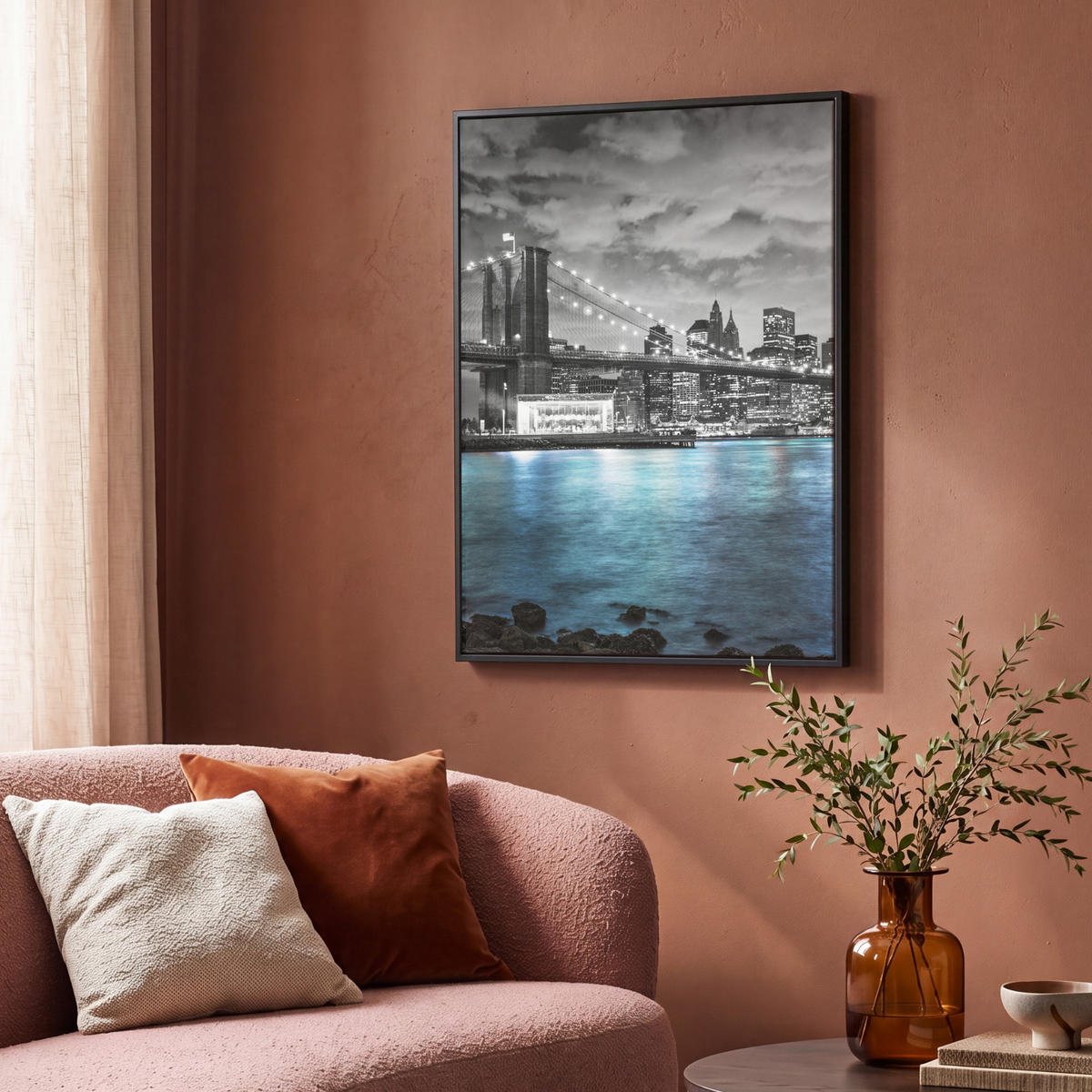 LEINWAND Bilder mit Rahmen - New York - Skyline - Stadt - Blau - 70x100 - Blaugrau, Textil (70/100cm) - MuchoWow