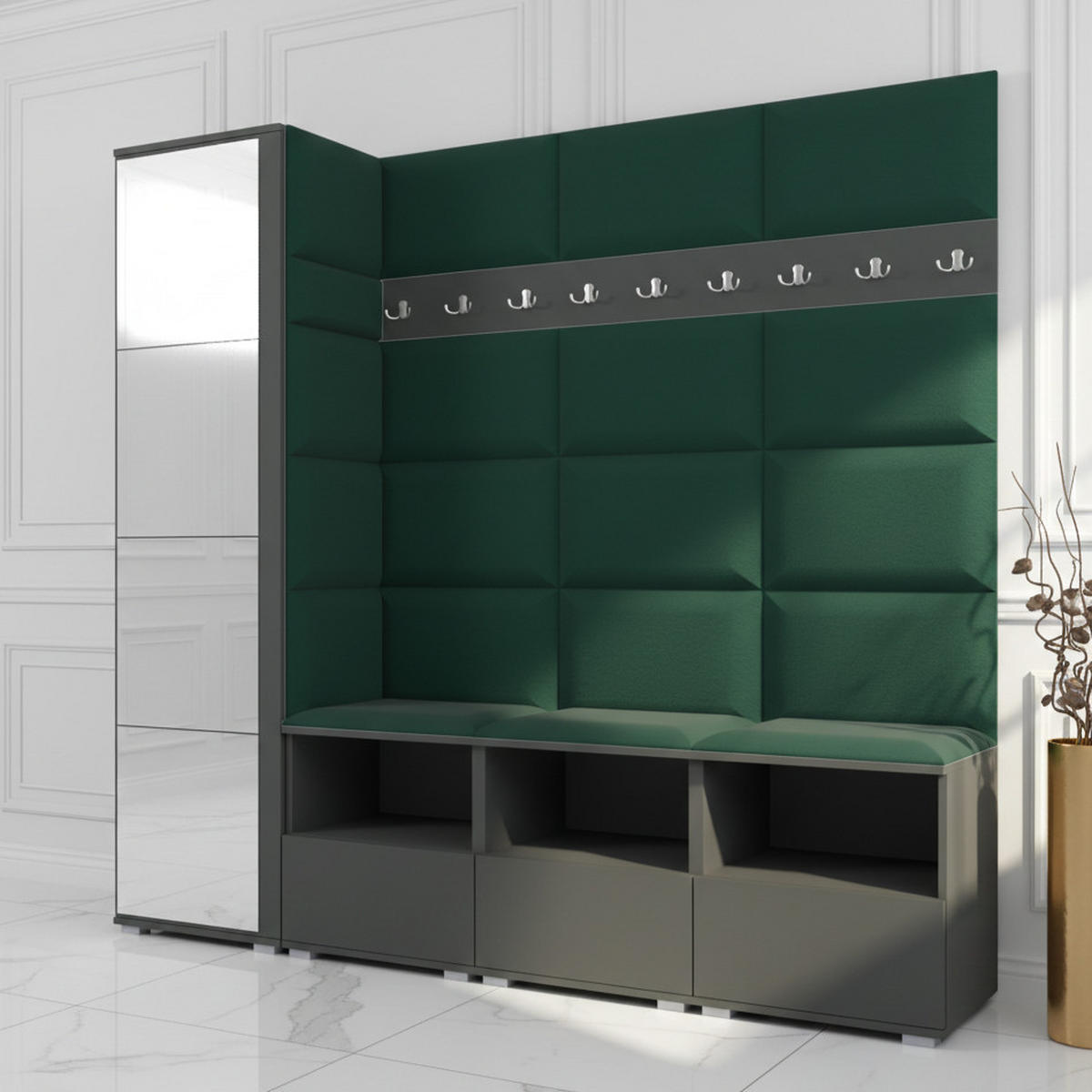 GARDEROBE NELA IX 200 cm (Modulare Flurmöbel Graphit mit Spiegel & Sitzpolster Flaschengrün 28 Breite Sitzbank) - Dunkelgrün/Silberfarben, Holz/Holzwerkstoff (200/187/40cm) - Ravio