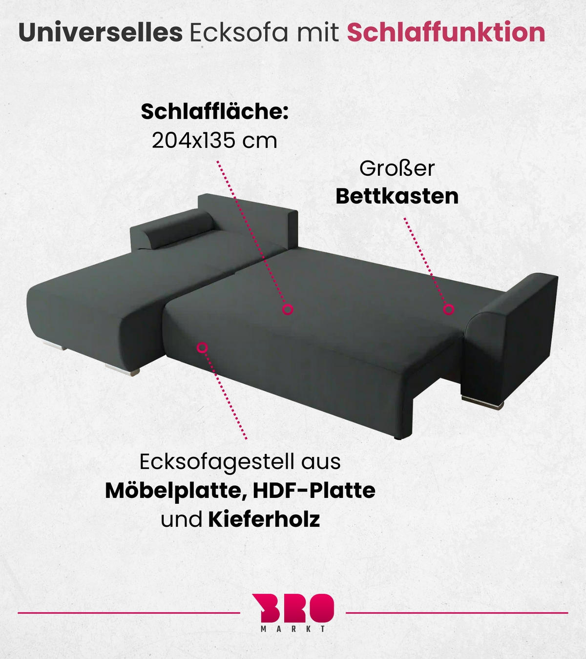ECKSOFA Sydney mit Schlaffunktion Graphitfarben Leinenoptik - Graphitfarben, Textil (280/184cm) - Bromarkt