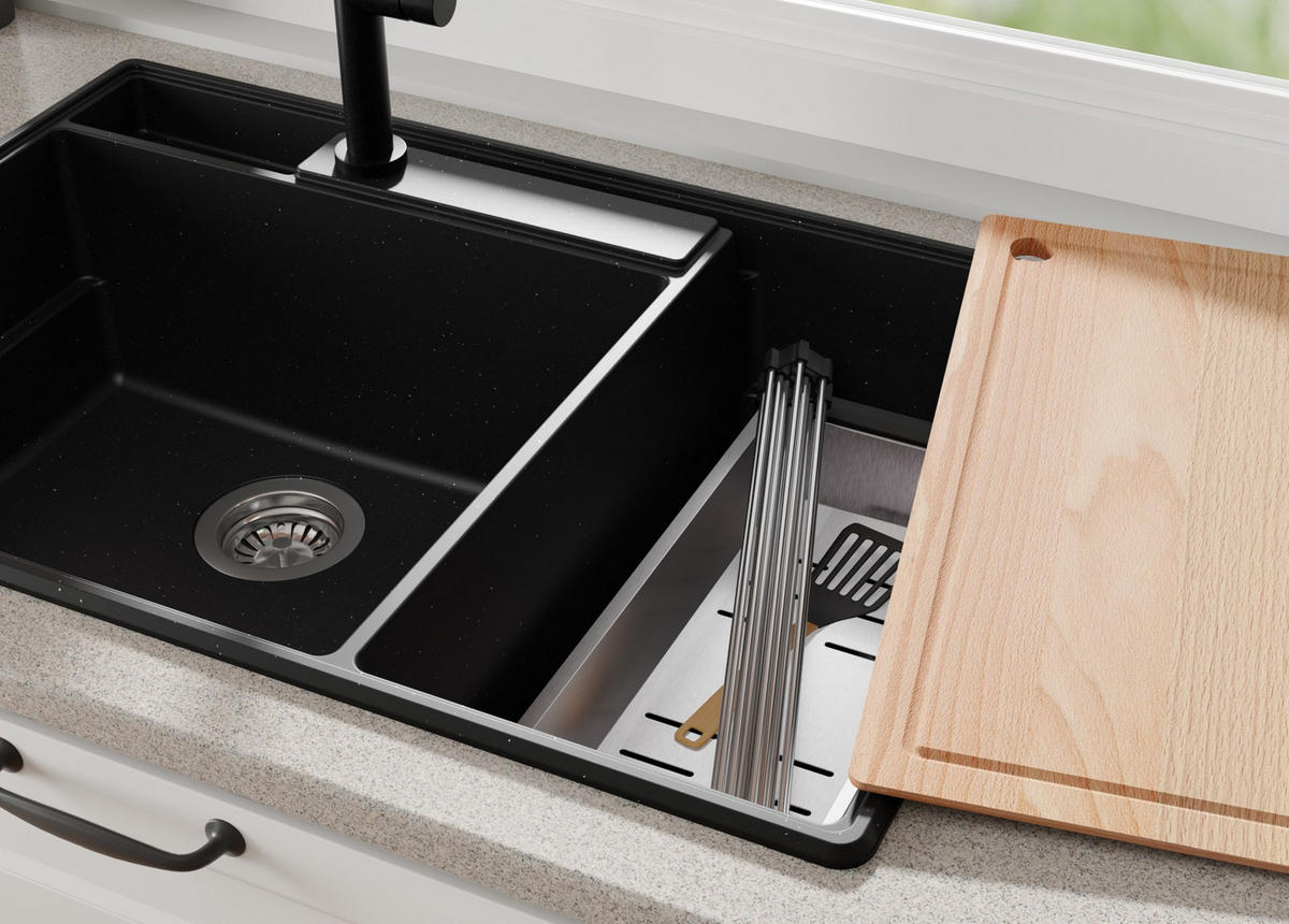 SPÜLBECKEN Paris, 2-er set Schwarz Metallic 78/53 cm 2 Becken + Ablauf-Set + Küchenzubehörset ab 80er Unterschrank - Chromfarben/Schwarz Hochglanz, Kunststoff (78/20/53cm) - Primagran