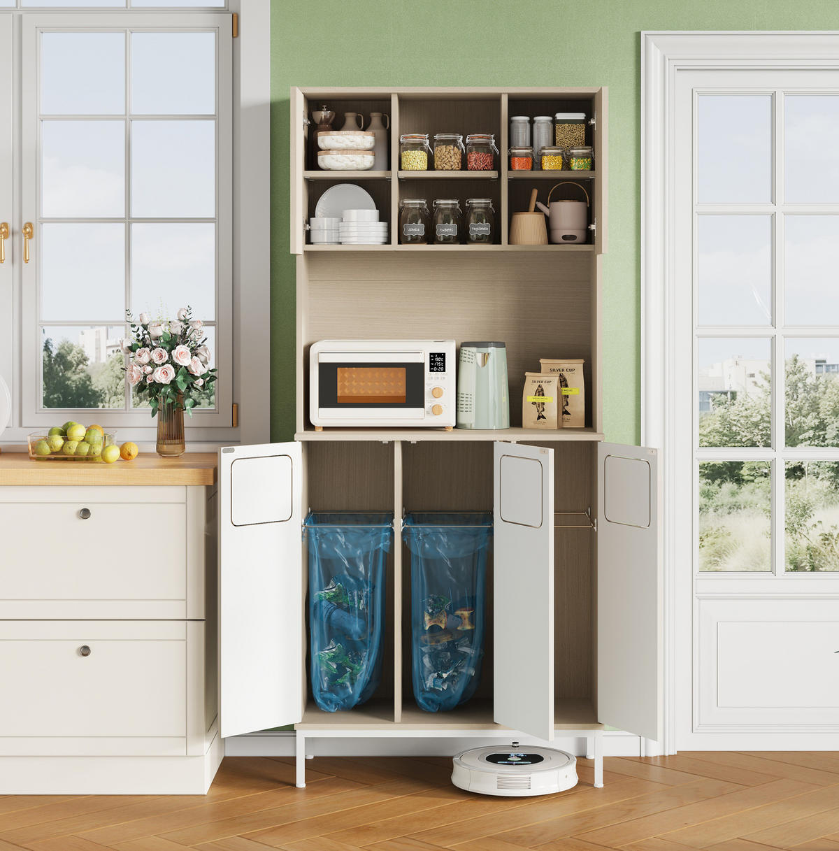 BUFFETSCHRANK 35/80/181 cm mit Müllbereich, Mikrowellenfach und verstellbaren Einlegeböden, Weiß/Hellholz - Weiß, Holzwerkstoff (80/181/35cm) - Redom