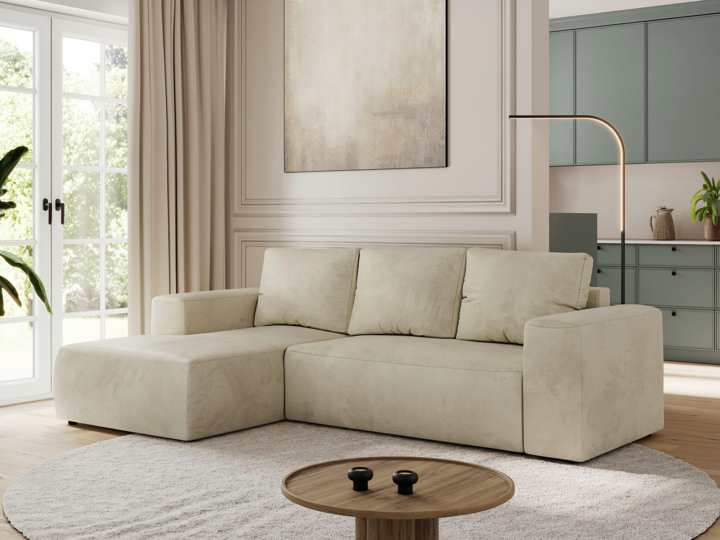 ECKSOFA TRENTINO L Beige Velvet - Links - Beige/Schwarz, Textil (266/164cm) - MKS