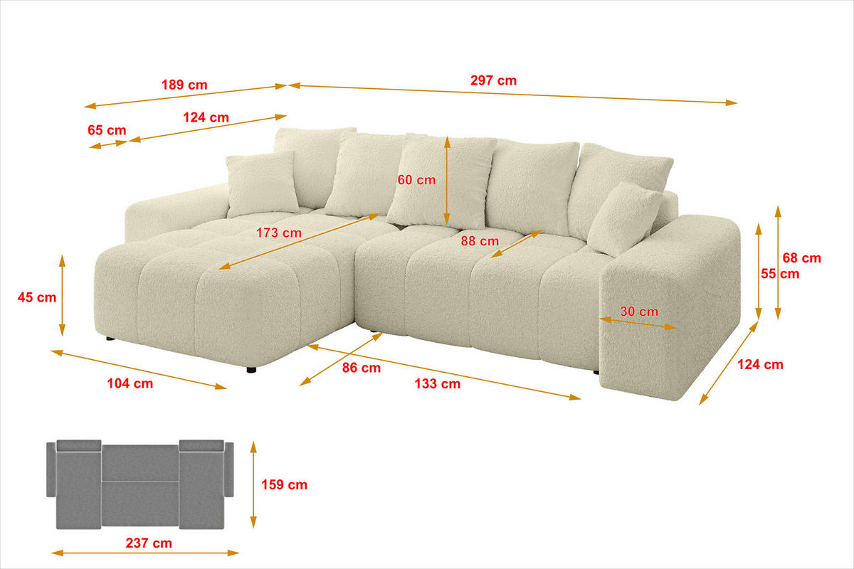 ECKSOFA Ottomane links ENIL-L 297x189x68 Beige Bouclé - Creme, Holzwerkstoff/Kunststoff (297/189cm) - ALTDECOR