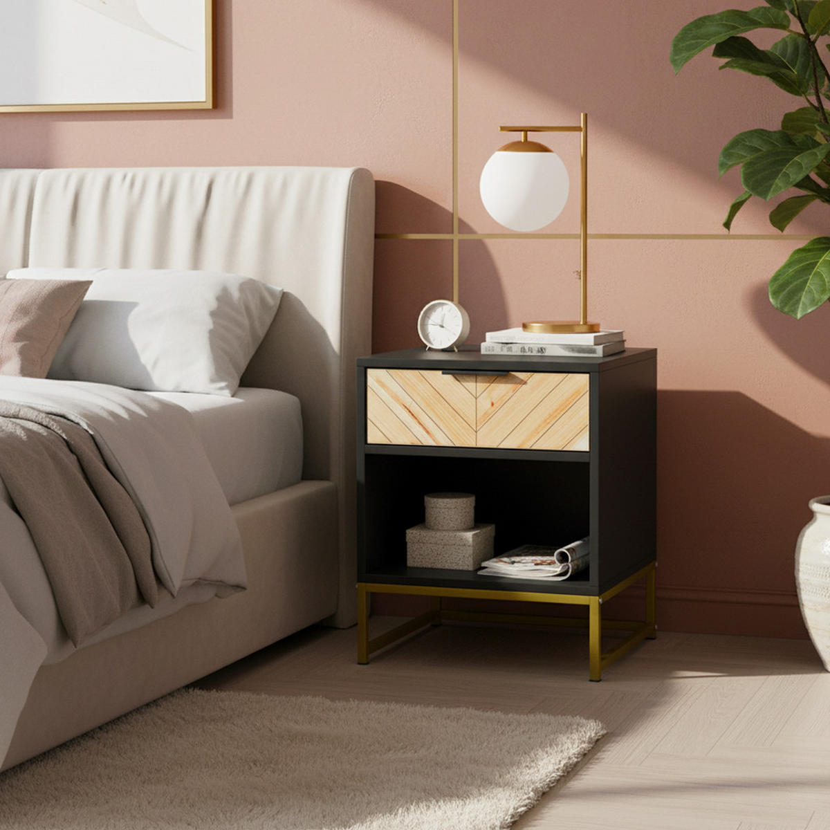 NACHTTISCH 43 cm Schwarz & Natur – Nachtkonsole mit Schublade & Metallbeinen Industrial - Naturfarben, Holzwerkstoff (43/55/40cm) - Urban Meuble
