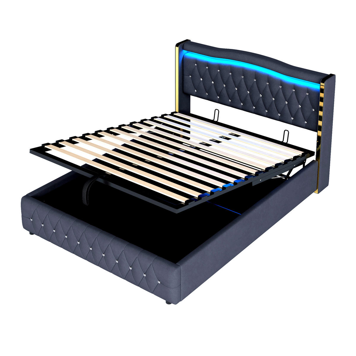 POLSTERBETT 140/200 cm schwarz mit farbwechselnder LED-Beleuchtung und hydraulischem Stauraum - Schwarz, Textil (140/200cm) - OKWISH