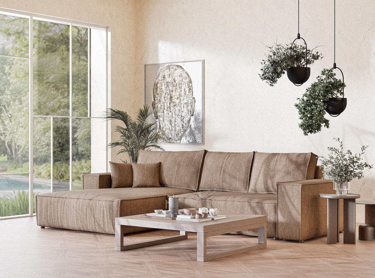 ECKSOFA MIT SCHLAFFUNKTION Maze Hellbraun Webstoff - Hellbraun/Schwarz, Holz/Holzwerkstoff (294/185cm) - Maison de Reve