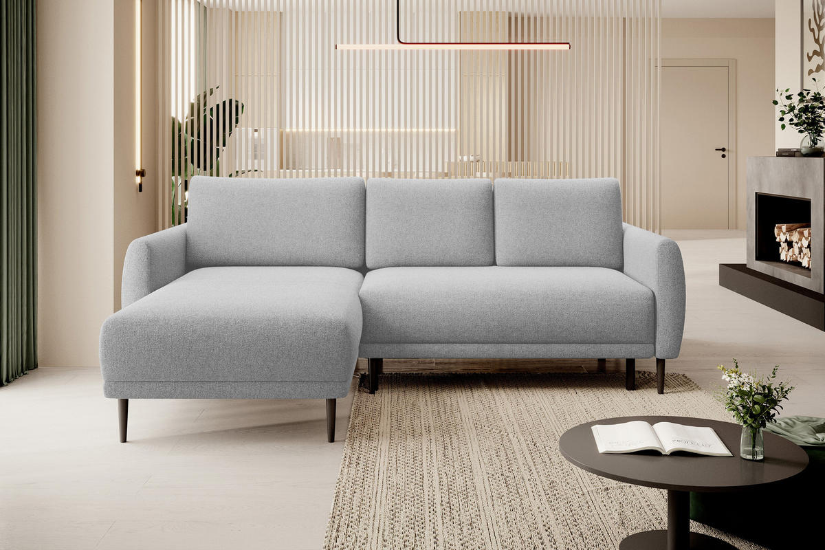 ECKSOFA BONO Stilvolles Sofa mit Schlaffunktion, Robuste Holzfüße, Elegante Armlehnen, Tiefe Sitzfläche 226x164x88cm, Linke, Esche - Silberfarben, Holz/Textil (164/226cm) - DomoHome