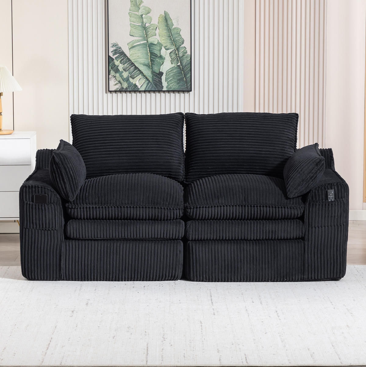 2-SITZER Sofa aus Cord 191x94x85 cm Schwarz mit Seitentaschen, Kissen und 3-lagigem Schaumstoff mit Federkern - Schwarz, Textil (191/85/94cm) - Modfu