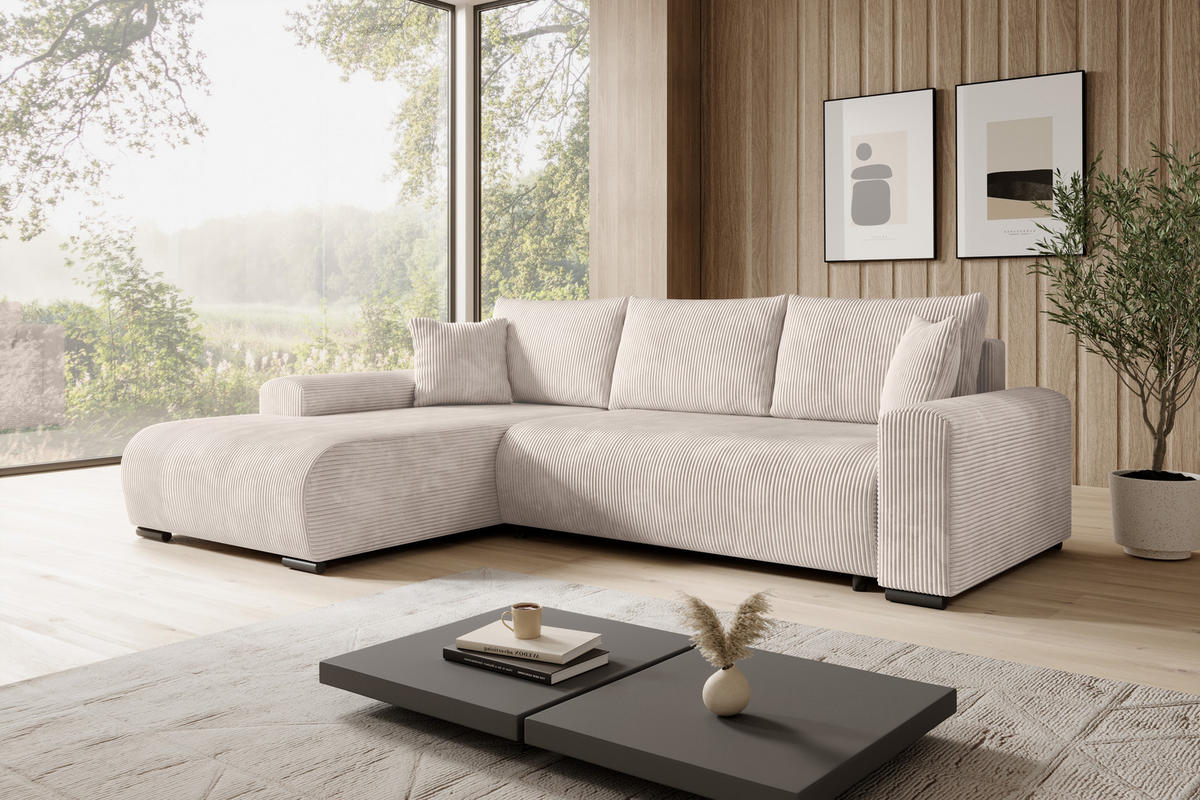 ECKSOFA Nelly mit Bettkasten und Schlaffunktion, Cordstoff in L-Form - Creme, Textil (270/185cm)