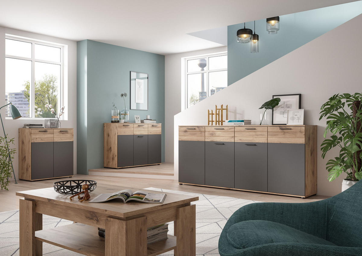 KOMMODE ( 180x87x40 cm) in Nox Oak Nachbildung und Basalt grau Nachbildung - Eichefarben, Holzwerkstoff (180/87/40cm)