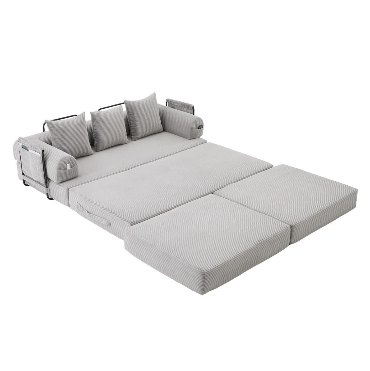 ECKSOFA aus Cord 200x190x67 cm Hellgrau frei kombinierbar mit Hocker, 3 Kissen und Seitentasche - Hellgrau, Textil (200/190cm) - Modfu