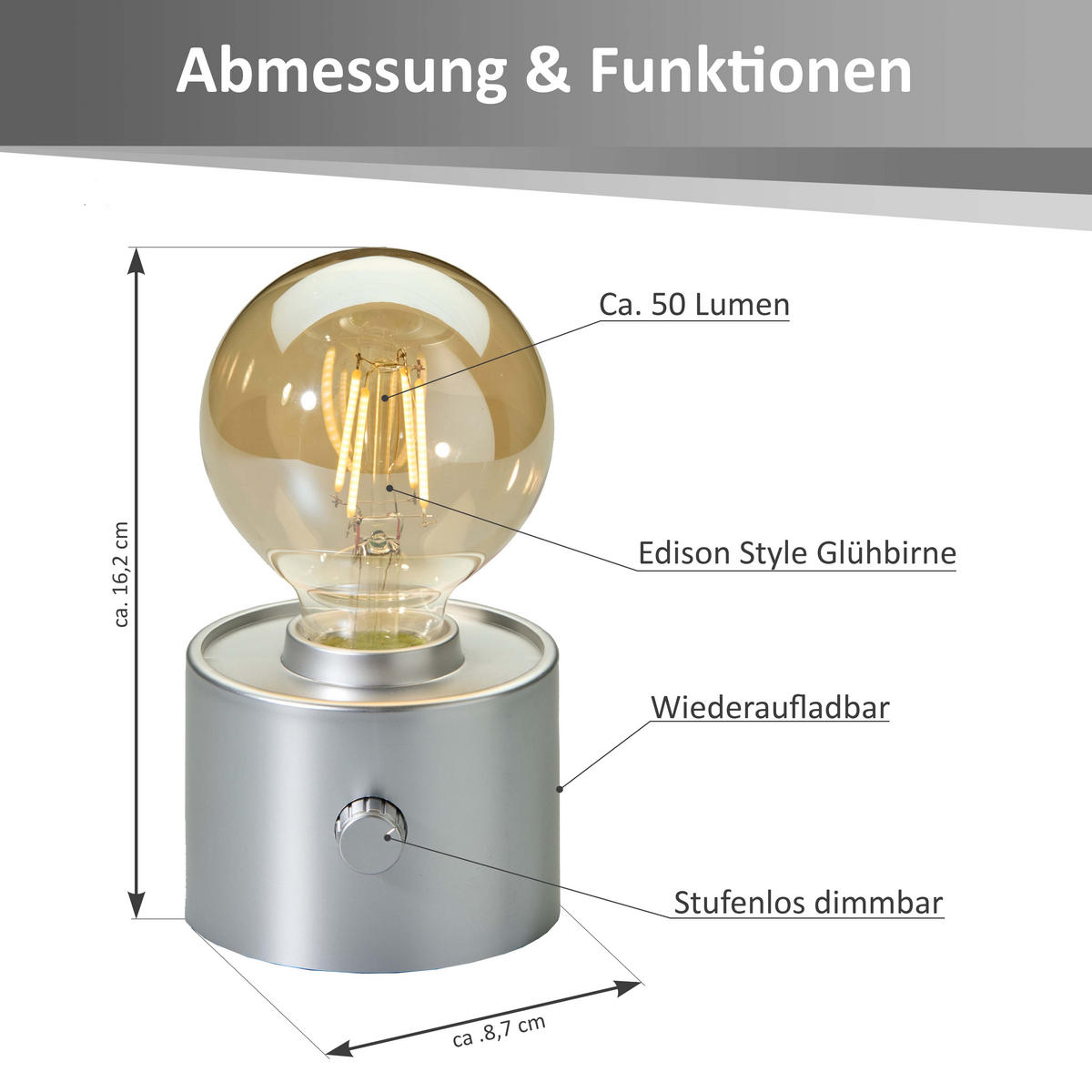 LED-TISCHLAMPE Vintage Edison dimmbar 10x9x16cm Silber matt - Silberfarben, Kunststoff (10/8.7/16cm) - Northpoint