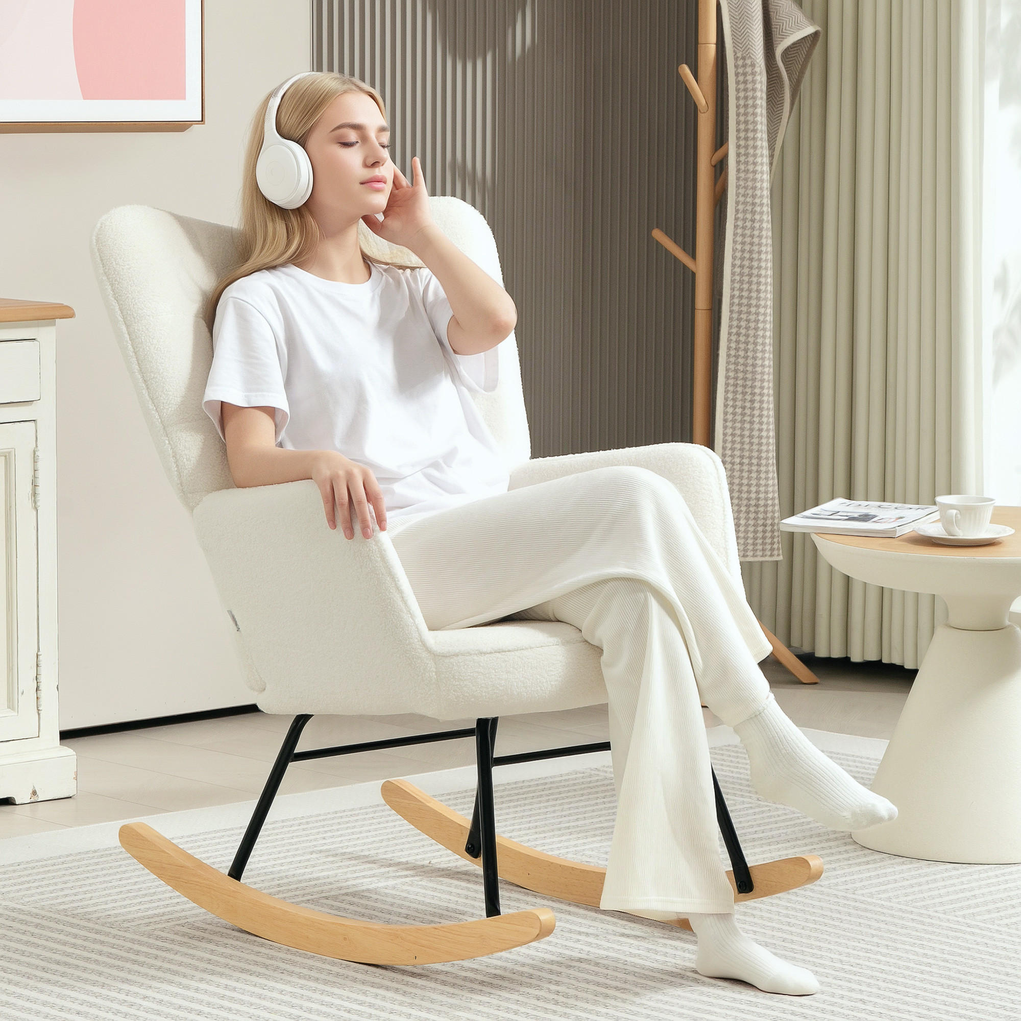 SCHAUKELSTUHL mit Berbervliesoptik, bis 120kg belastbar - Weiß, Textil (71/101/98cm) - HOMCOM