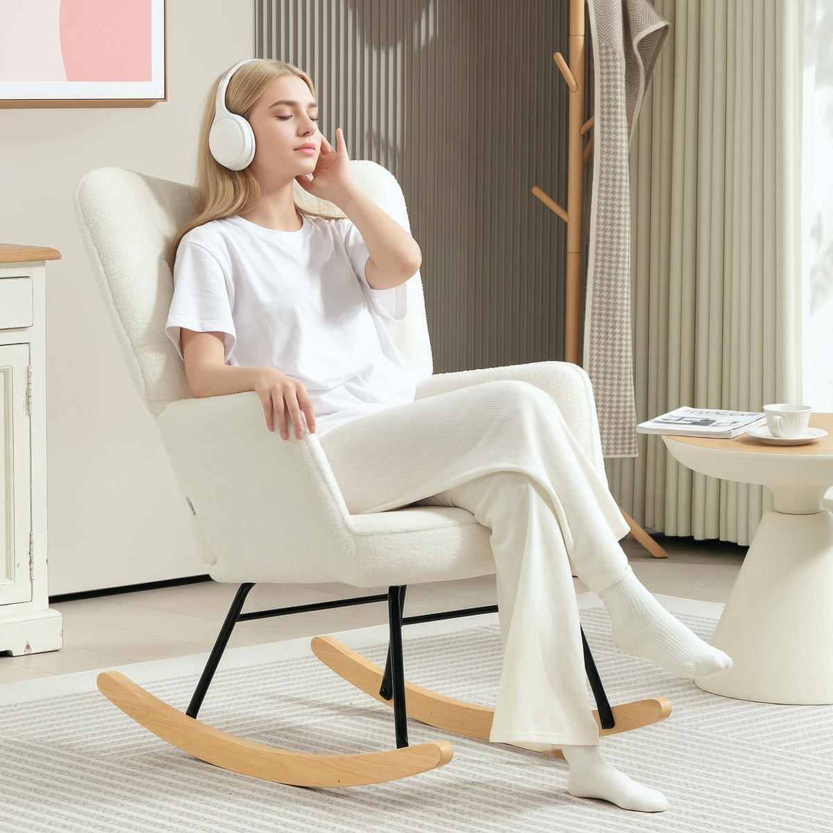 SCHAUKELSTUHL Sessel Relaxsessel bis 120 kg, Polyester, Weiß 98x71x101cm - Weiß, Textil (98/101/71cm) - HOMCOM