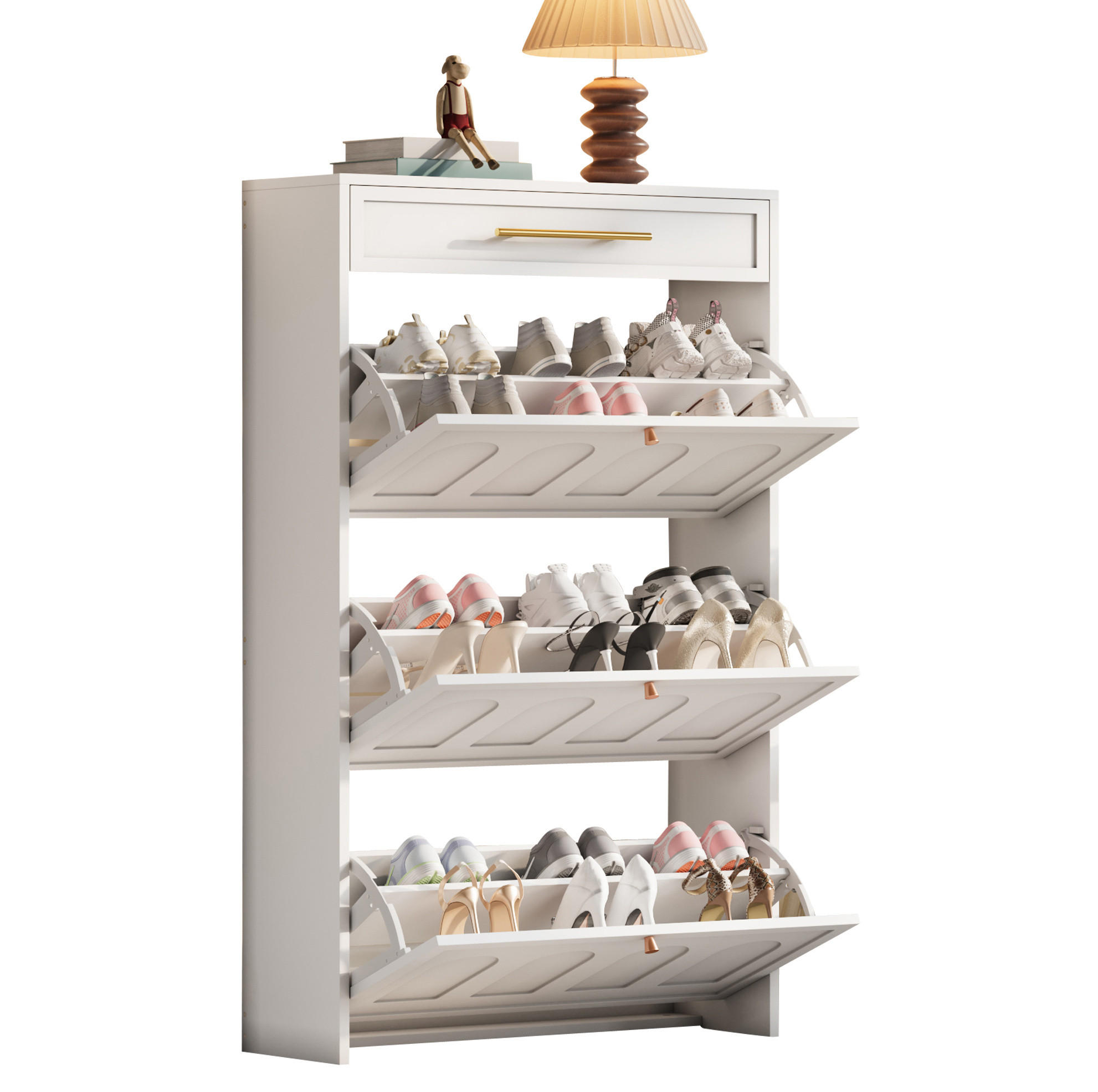 SKRINKA na topánky 70/25/123,5 cm biela z MDF so 6 priehradkami a zásuvkou - biela, kompozitné drevo (70/123.5/25cm) - OKWISH