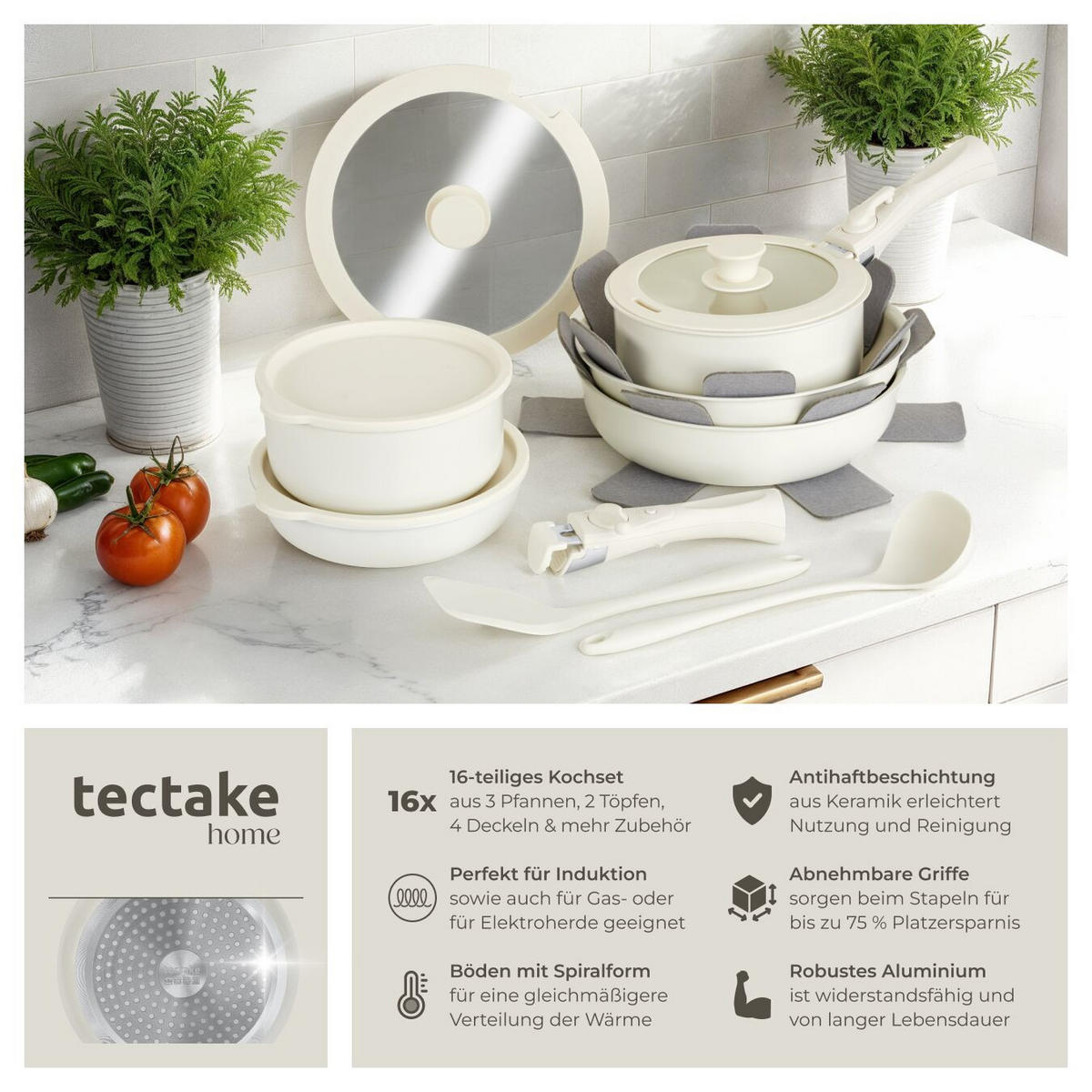 KOCHTOPFSET Genua,2 Küchenwerkzeuge und 3 Topfschoner aus Filz,weiß - Weiß, Metall - tectake