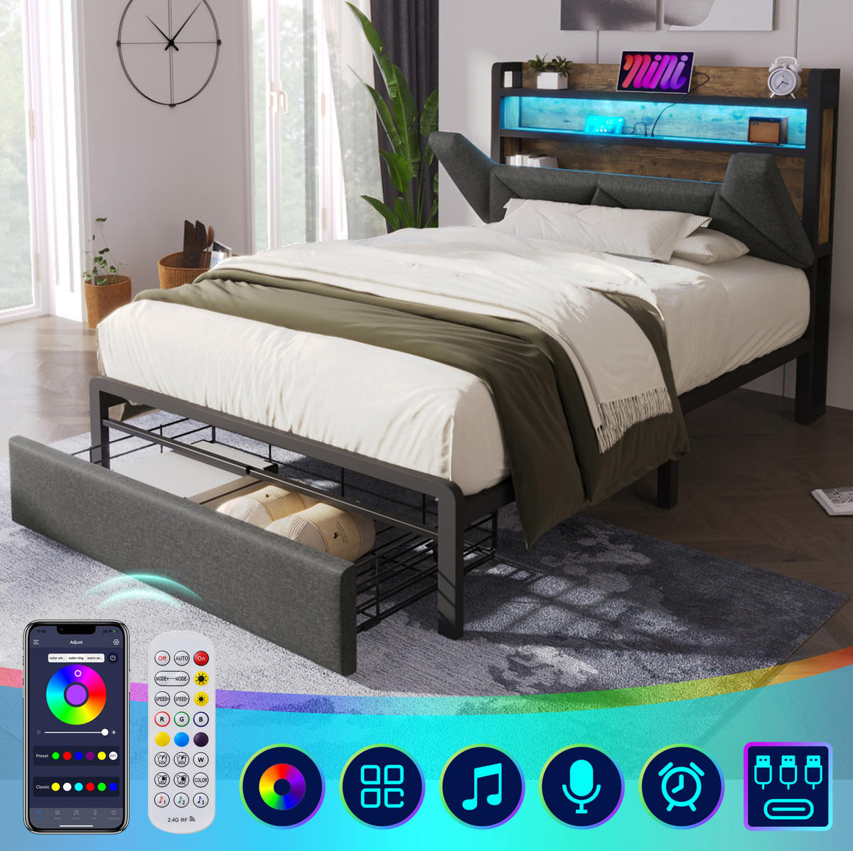 POLSTERBETT aus Leinen 90x200 cm Grau mit Stauraum-Kopfteil, LED, USB-Anschlüssen und Schublade - Grau, Textil (90/200cm) - IVMEU