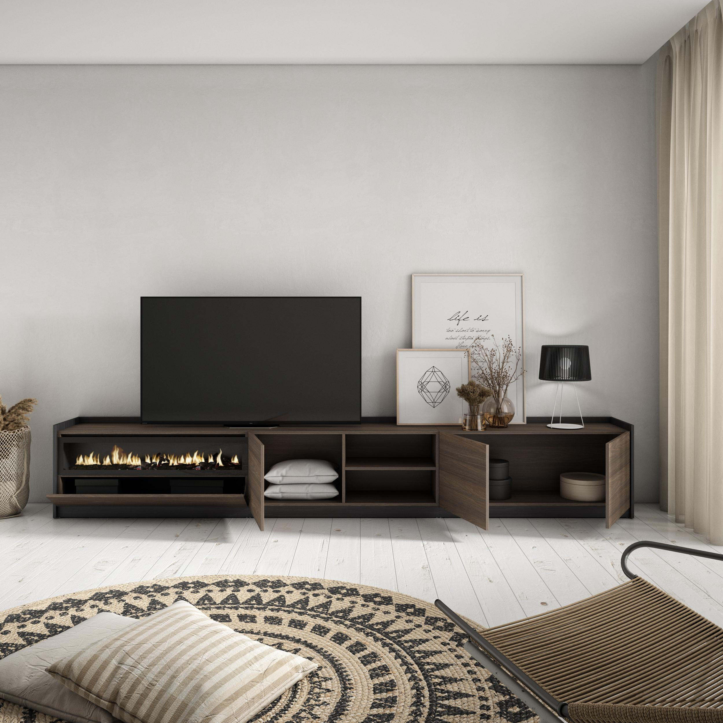 TV-SCHRANK, Lowboard, Dunkler Eiche und Schwarz, Elektrokamin, 310/37/50cm - Dunkelbraun, Holzwerkstoff (310/50/37cm) - Skraut Home