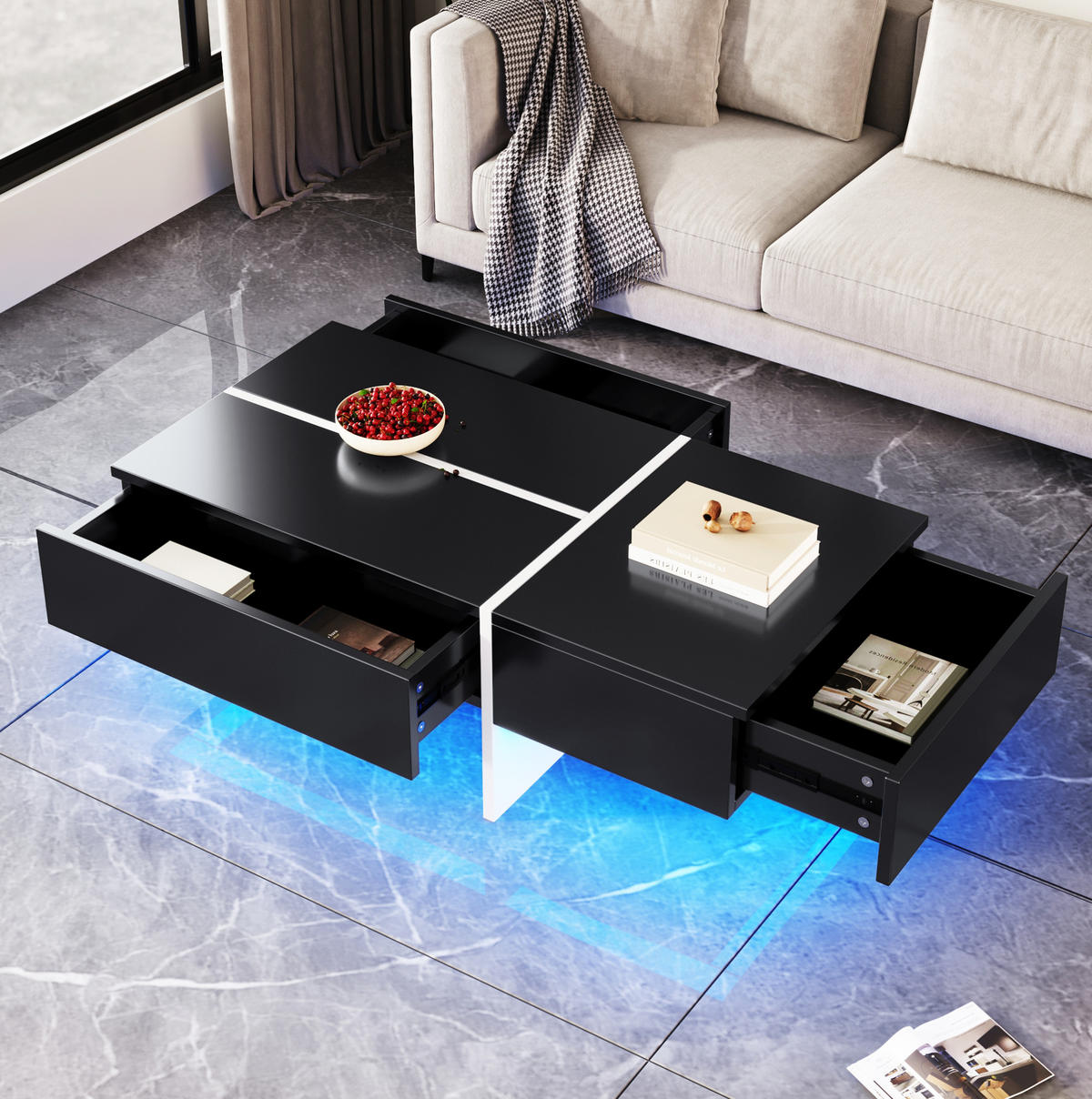 KONFERENČNÍ stolek 100/50/34,5 cm černý z dřevotřísky s LED osvětlením a 3 zásuvkami - černá, kompozitní dřevo (100/50/34.5cm) - OKWISH