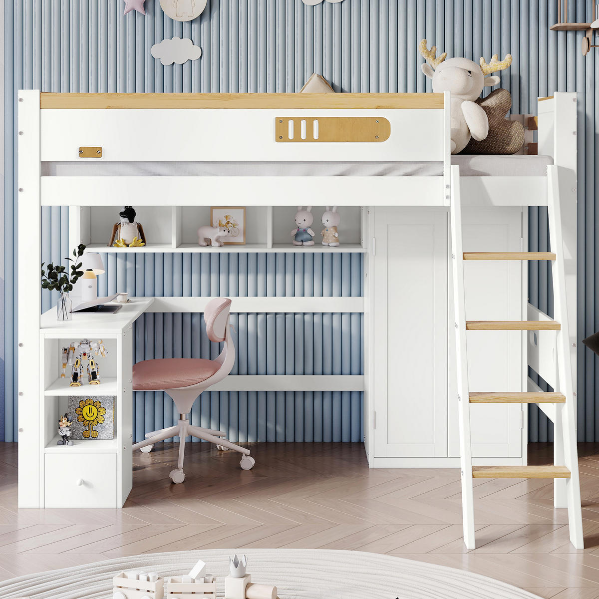 ETAGENBETT 90/200 cm weiß aus Massivholz mit Tisch und Kleiderschrank - Weiß, Holz (90/200cm) - OKWISH