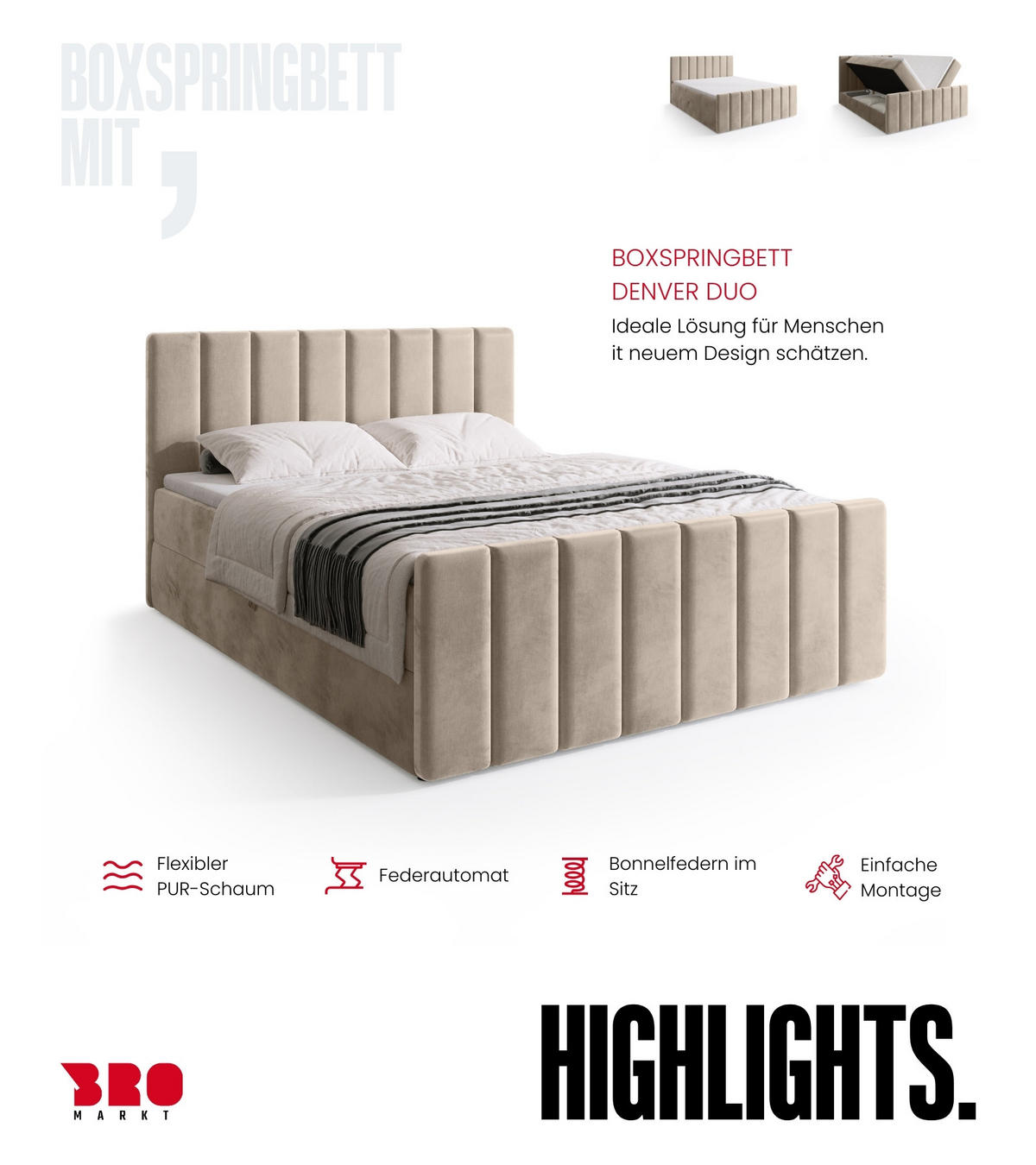 BOXSPRINGBETT Denver DUO mit Topper 160x200 Beige - Ecru, Textil (160/200cm) - Bromarkt