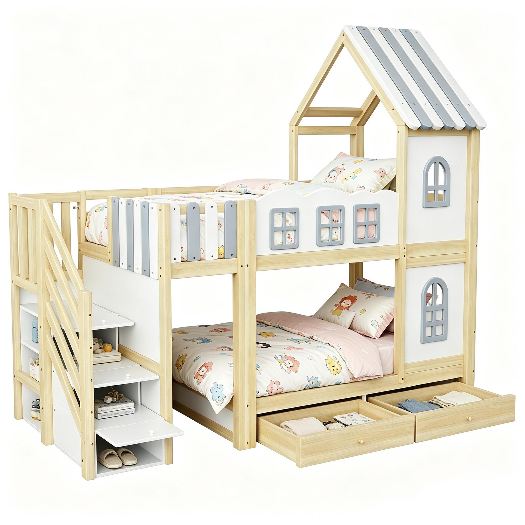 ETAGENBETT 90/200 cm in Weiß/Grau/Holz mit Stauraum, Schubladen und Fenstern - Weiß, Holz/Holzwerkstoff (90/200cm) - WISHDOR
