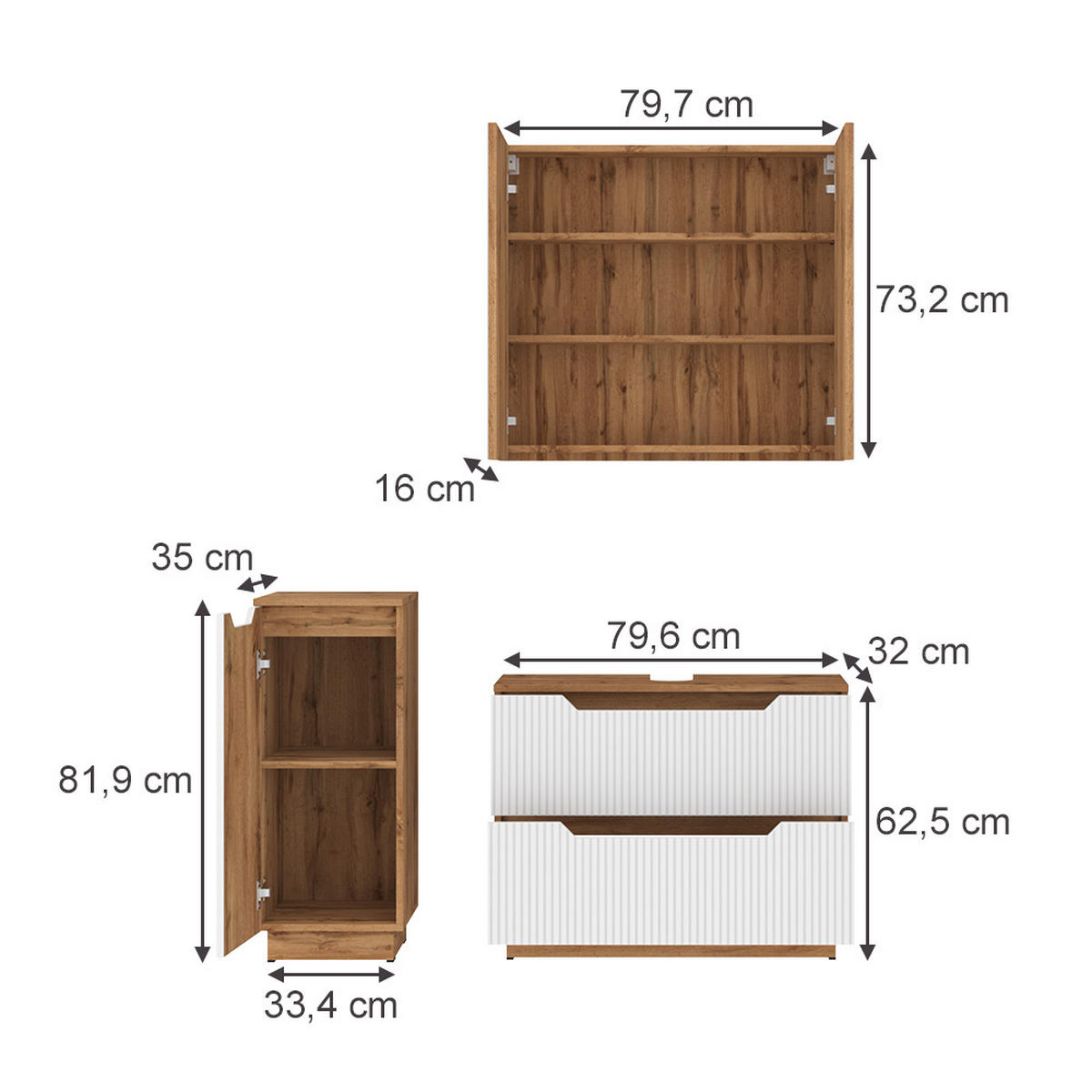KOUPELNOVÝ NÁBYTEK Lotta Dub/bílý pruhovaný - bílá/barva dubu, kompozitní dřevo (79.6/62.5/32cm) - Vicco