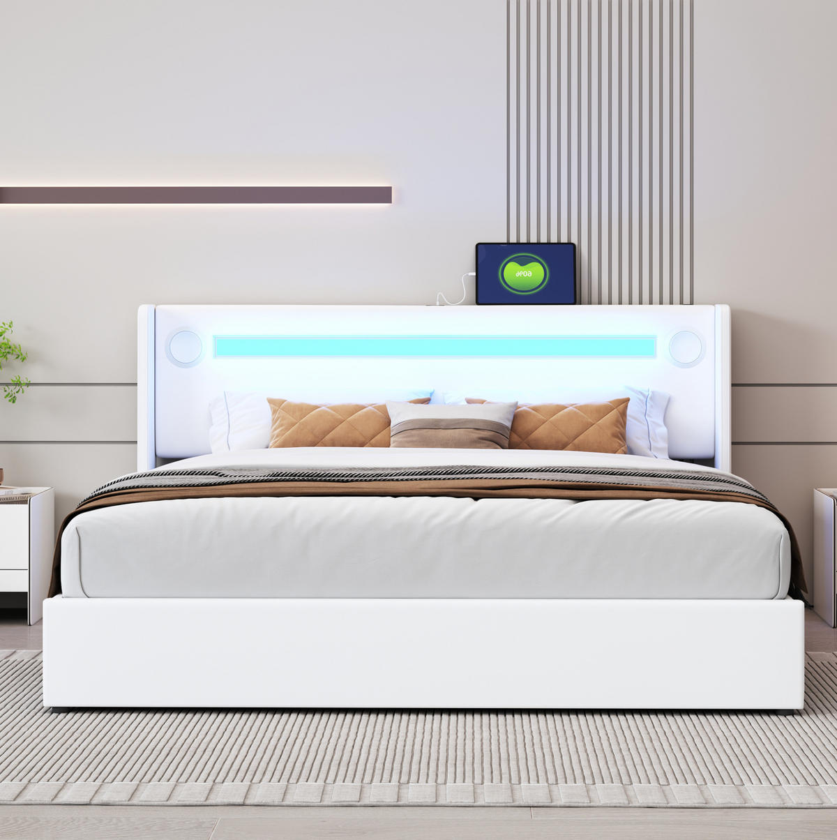 POLSTERBETT mit Bettkasten 160/200 cm in Weiß mit LED, Bluetooth und USB - Weiß, Kunststoff (160/200cm) - BEAOK