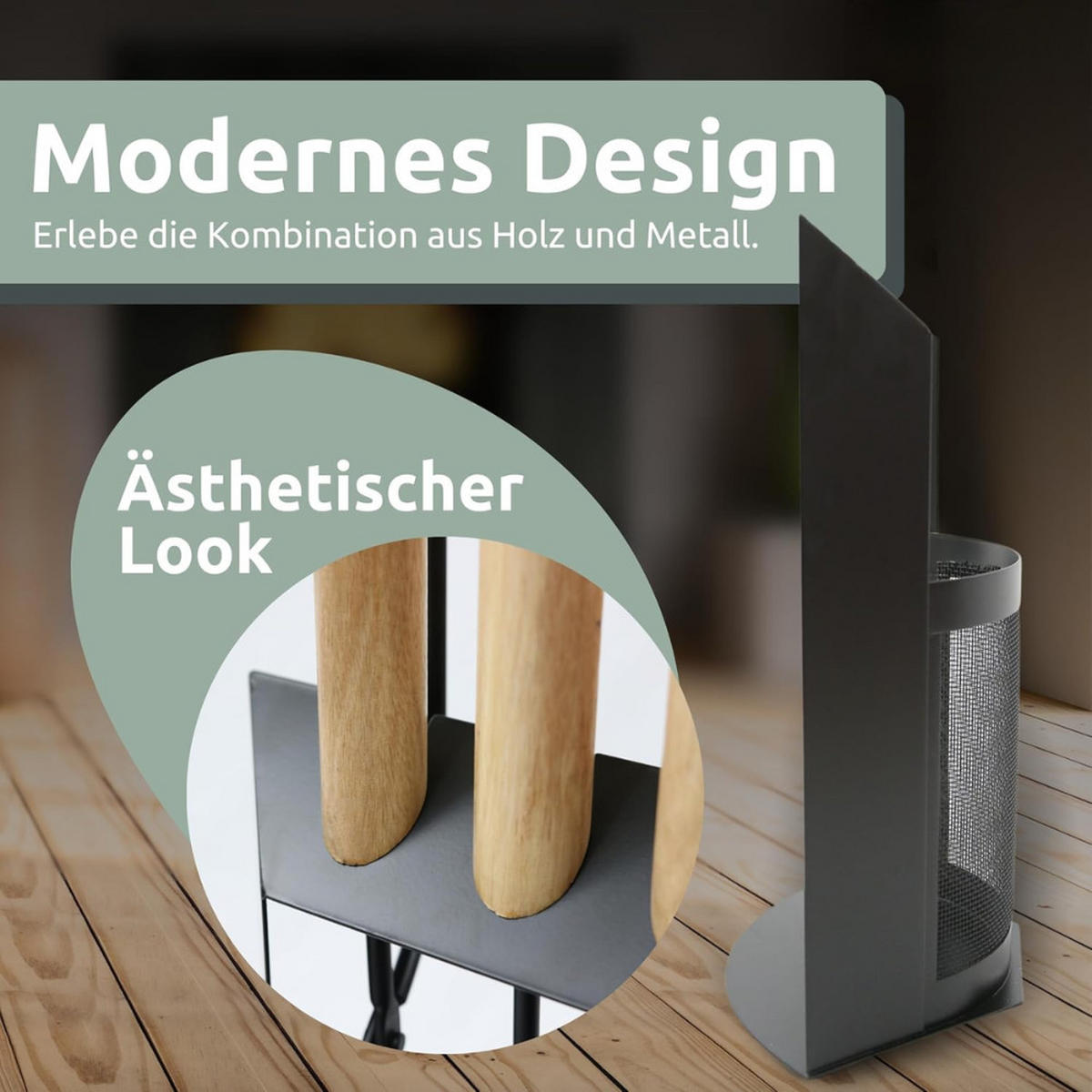 KAMINBESTECK modern THEO 6-tlg. mit Holzgriff Schürhaken Besen Ascheschaufel Schwarz - Schwarz, Metall (29/61/20cm) - DELUKE