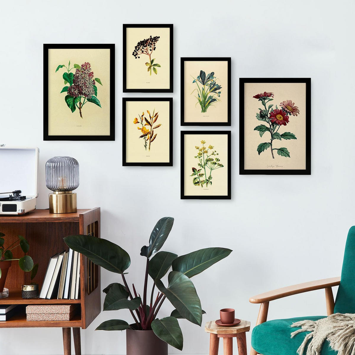 POSTER Set Mit 6 Dunkle Blumen In Vintage A3 & A4 Schwarzer Rahmen - Schwarz, Papier (29/3cm) - Nacnic