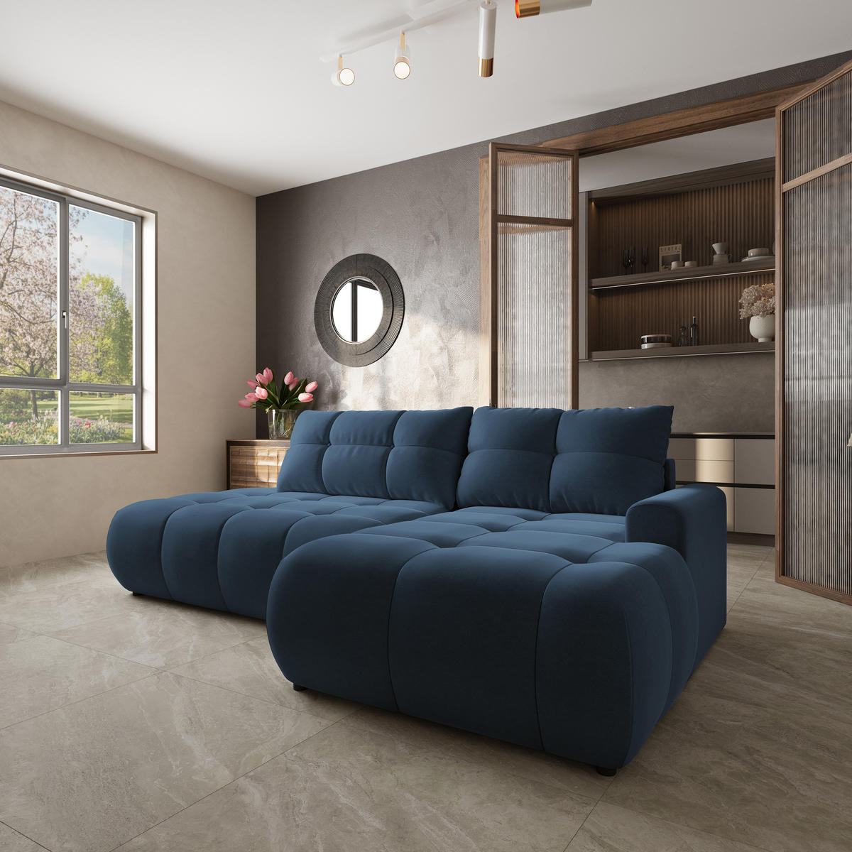 ECKSOFA FLUMA CL R-S Blau Samtstoff mit Schlaffunktion - Blau, Holzwerkstoff/Textil (279/158cm) - MASSENO