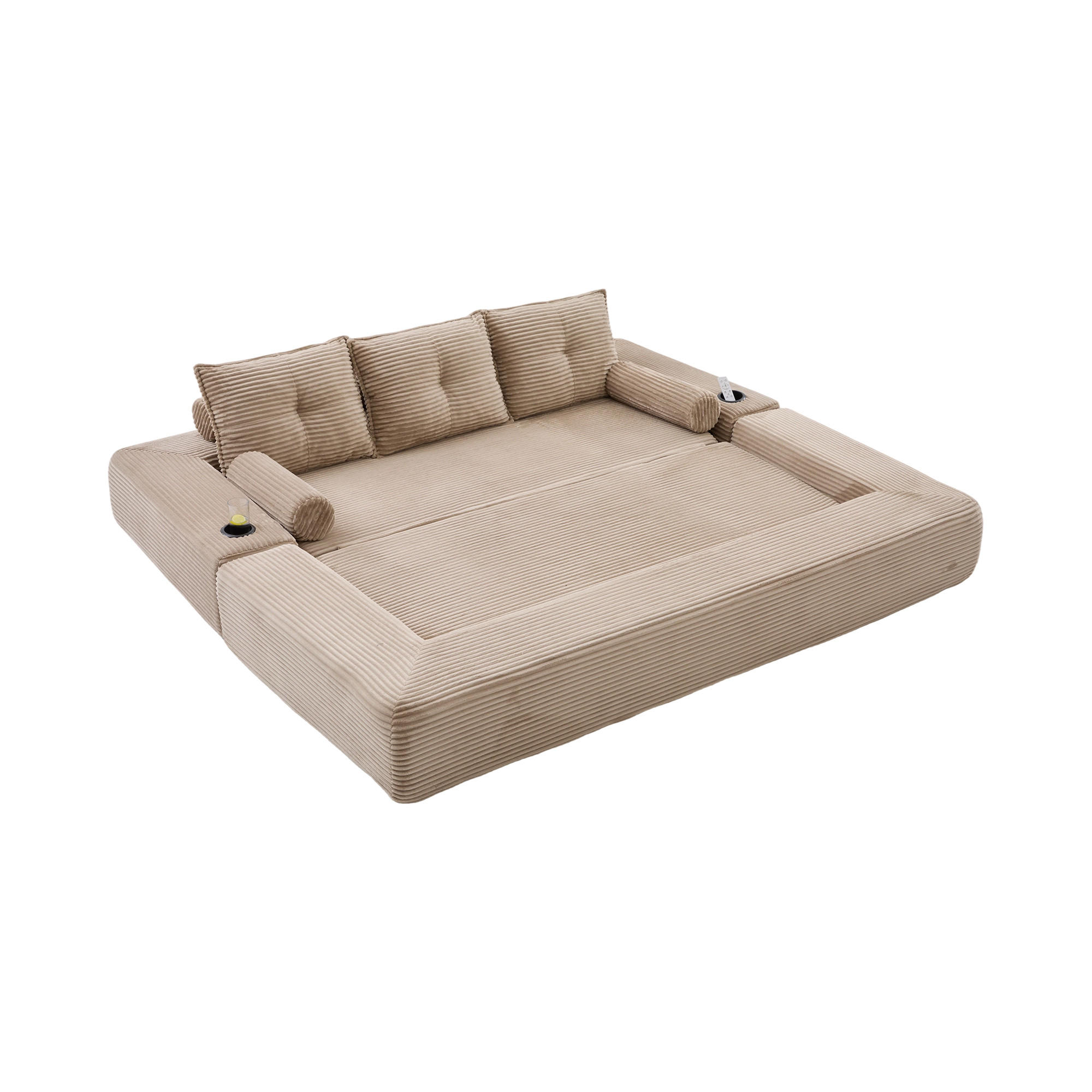 SCHLAFSOFA, 2-in-1 Klappsofa mit Getränkehalter, Modulares Bodensofa Cordstoff, Khaki - Hellbraun, Textil (232/80/98cm) - LVHOM
