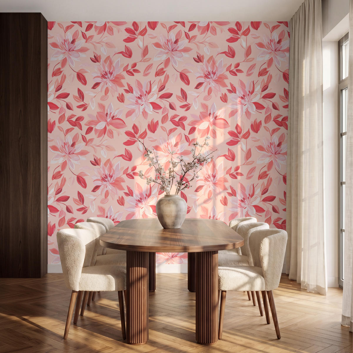 TAPETE - Botanisch - Blumen - Rot - 240x240 cm - Koralle, Papier (240/240cm) - OnlyWow