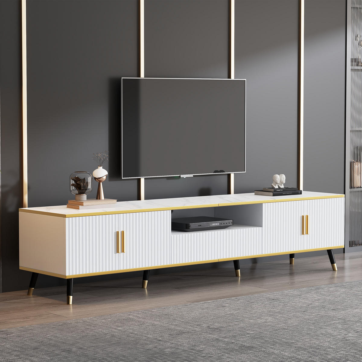 TV-ELEMENT200X40X46CM Marmoroptik Weiß-Gold für Fernseher bis 90 Zoll - Weiß, Holz (42.93/12.7/82.17cm) - Raelunyi