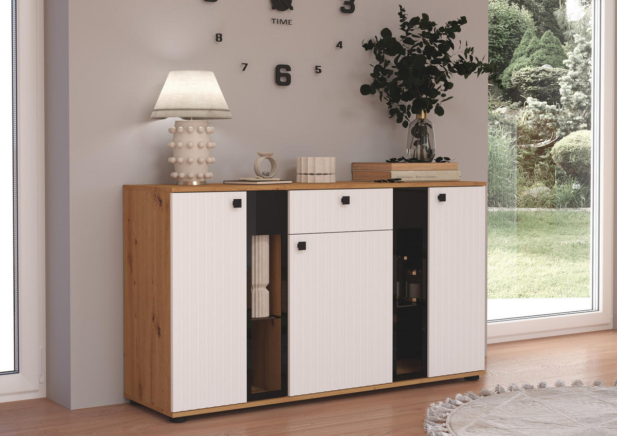 SIDEBOARD Formilo Artisan Eiche, Weiß 140,4/80/40,2 cm – Kommode mit Rillen - Hellbraun/Weiß, Holzwerkstoff/Kunststoff (140/80/40cm) - AX Living