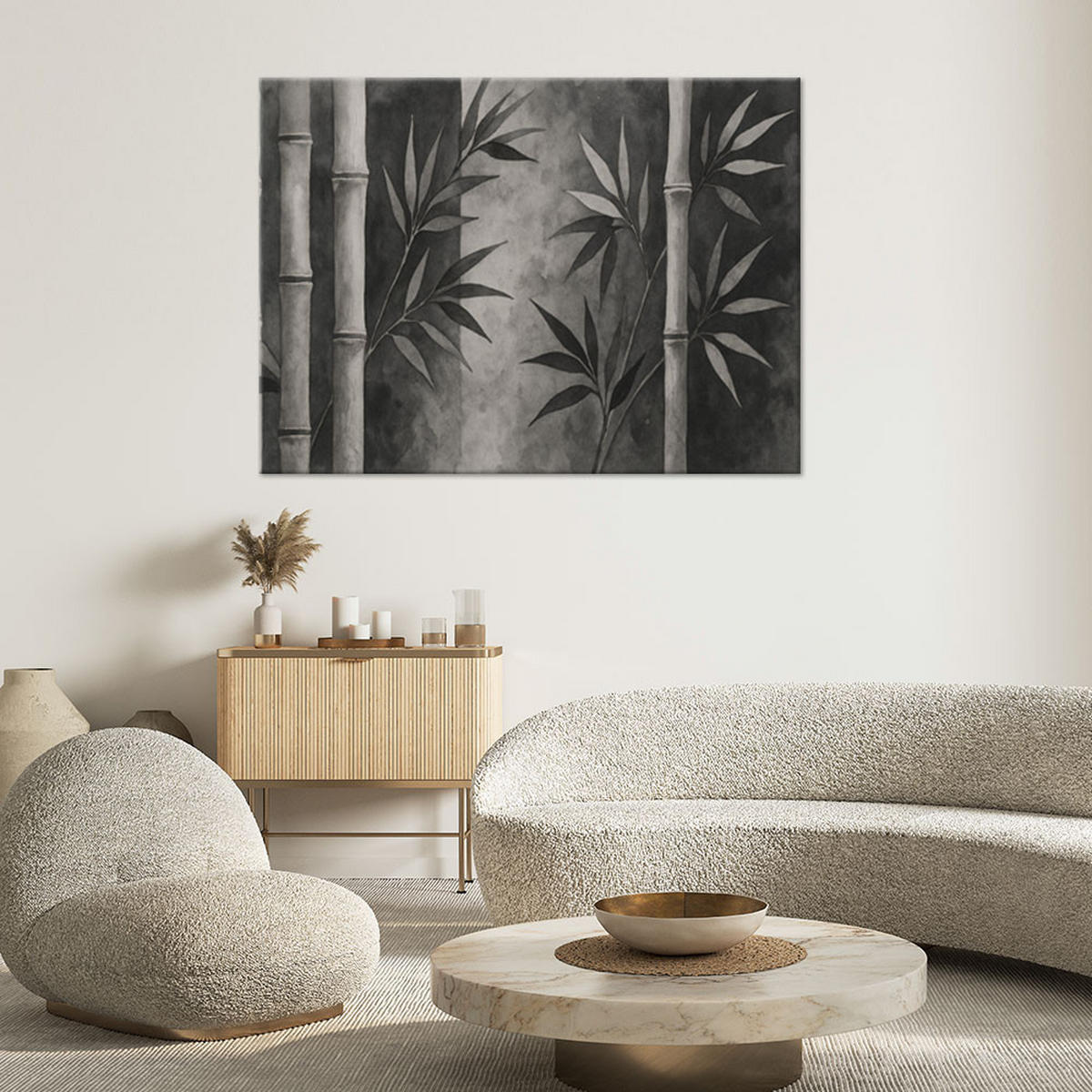 LEINWANDBILD Bambus Blätter Aquarell Grau Natur Zen 100x70cm - Grau, Textil (100/70cm) - Feeby