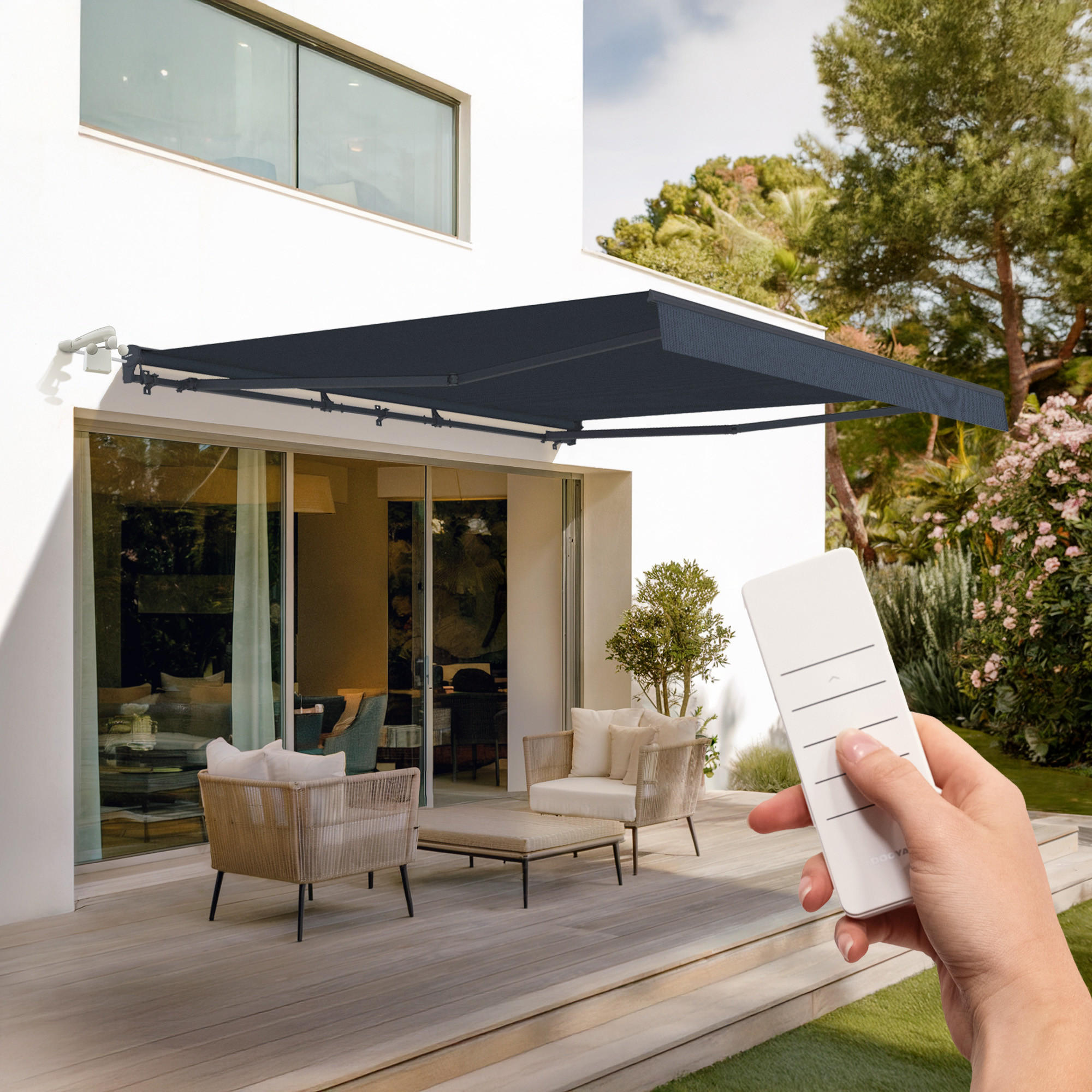 HALBKASSETTENMARKISE Fazzio Graue 4m x 3m motorisierte - Premium-Leinwand 320g/m² - Grau, Metall (400/270/300cm) - Cazeboo