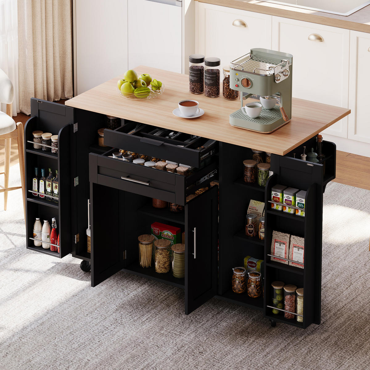 KÜCHENINSEL aus MDF 136x70x92 cm Schwarz/Natur mit ausziehbarer Arbeitsplatte, Rollen und viel Stauraum - Schwarz, Holzwerkstoff (136/92/70cm) - Modfu