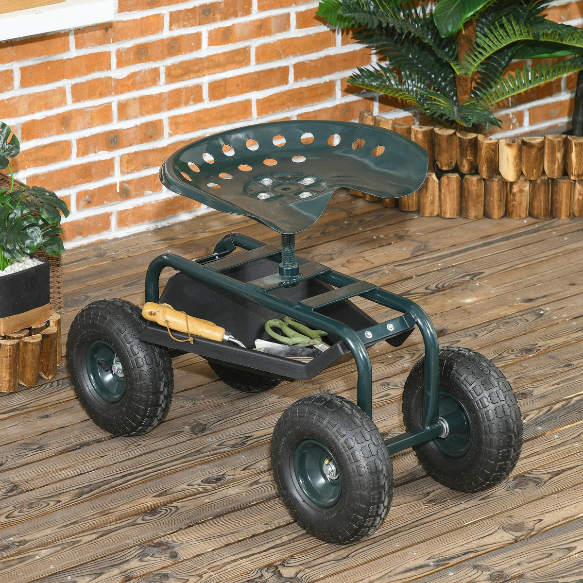 WERKSTATTWAGEN mit Ablage Korb fahrbar für kleine Gartengeräte Stahl Grün - Dunkelgrün, Naturmaterialen/Metall (36.5/60/83cm) - Outsunny