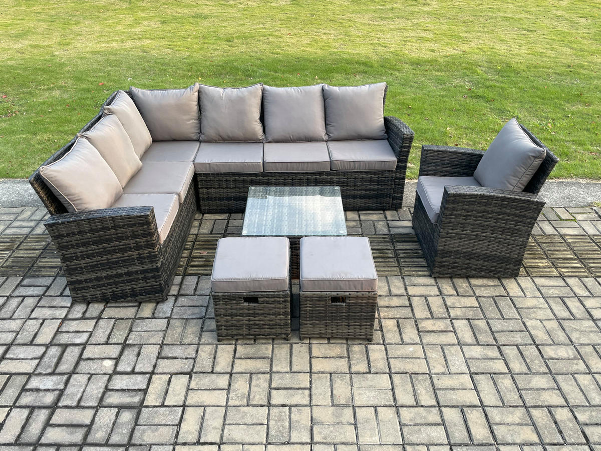 GARTENLOUNGE mit Ecksofa Polyrattan Dunkelgrau 9-Sitzer - Dunkelgrau/Grau, Glas/Kunststoff - Fimous
