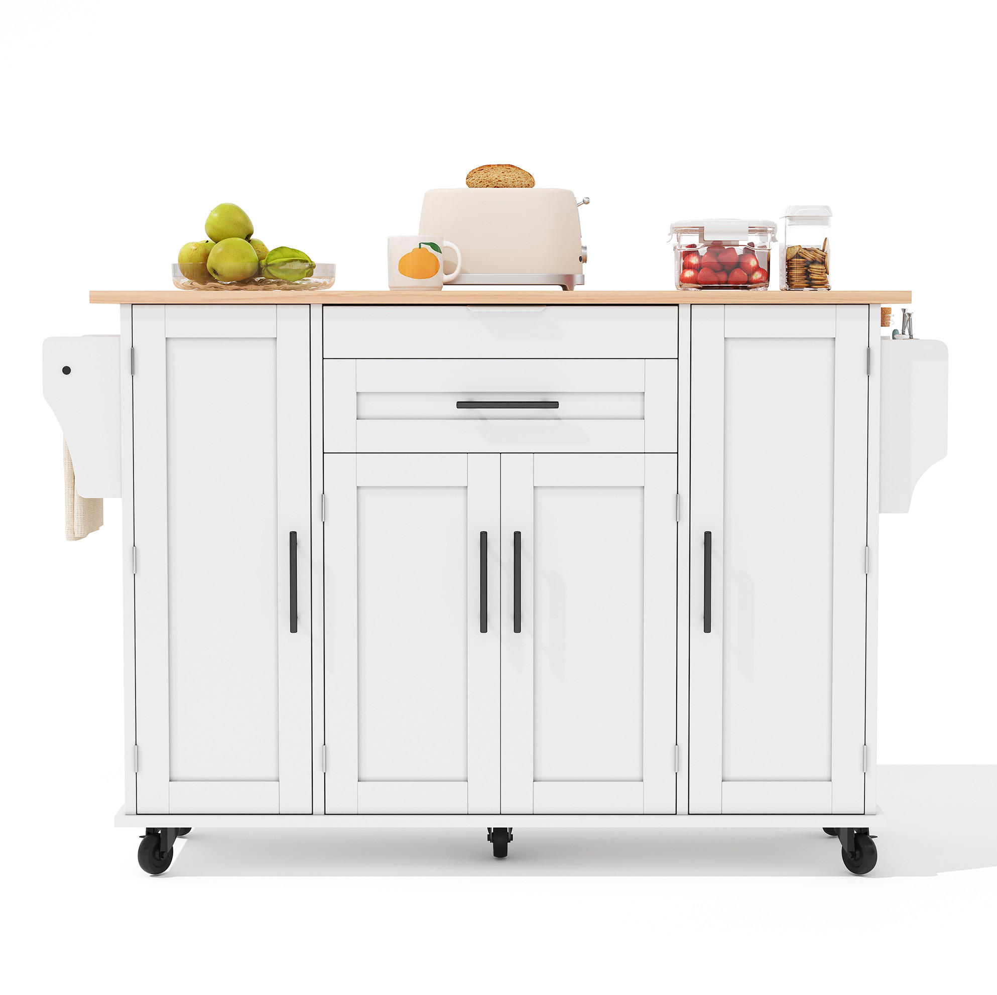 KÜCHENINSEL 136/92/70 cm Weiß/Natur aus MDF mit ausziehbarer Arbeitsplatte - Weiß, Holzwerkstoff (70/92/136cm) - OKMYHOME