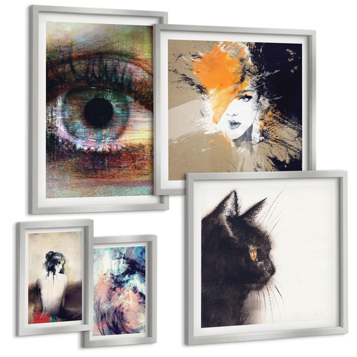 BILDER SET 5er Set - 50x50 cm & 20x30 cm & 40x60 cm Silberner Rahmen - Gelbgrau-braune Wellen - Silberfarben, Kunststoff (40/60cm) - TULUP