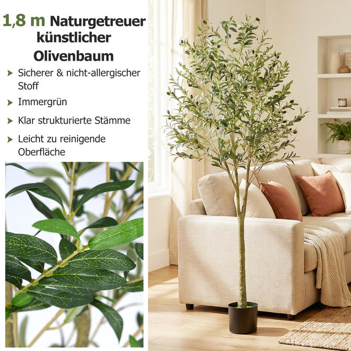 KUNSTOLIVENBAUM mit Zementtopf grün(2er-Set) - Grün, Kunststoff (180cm) - COSTWAY