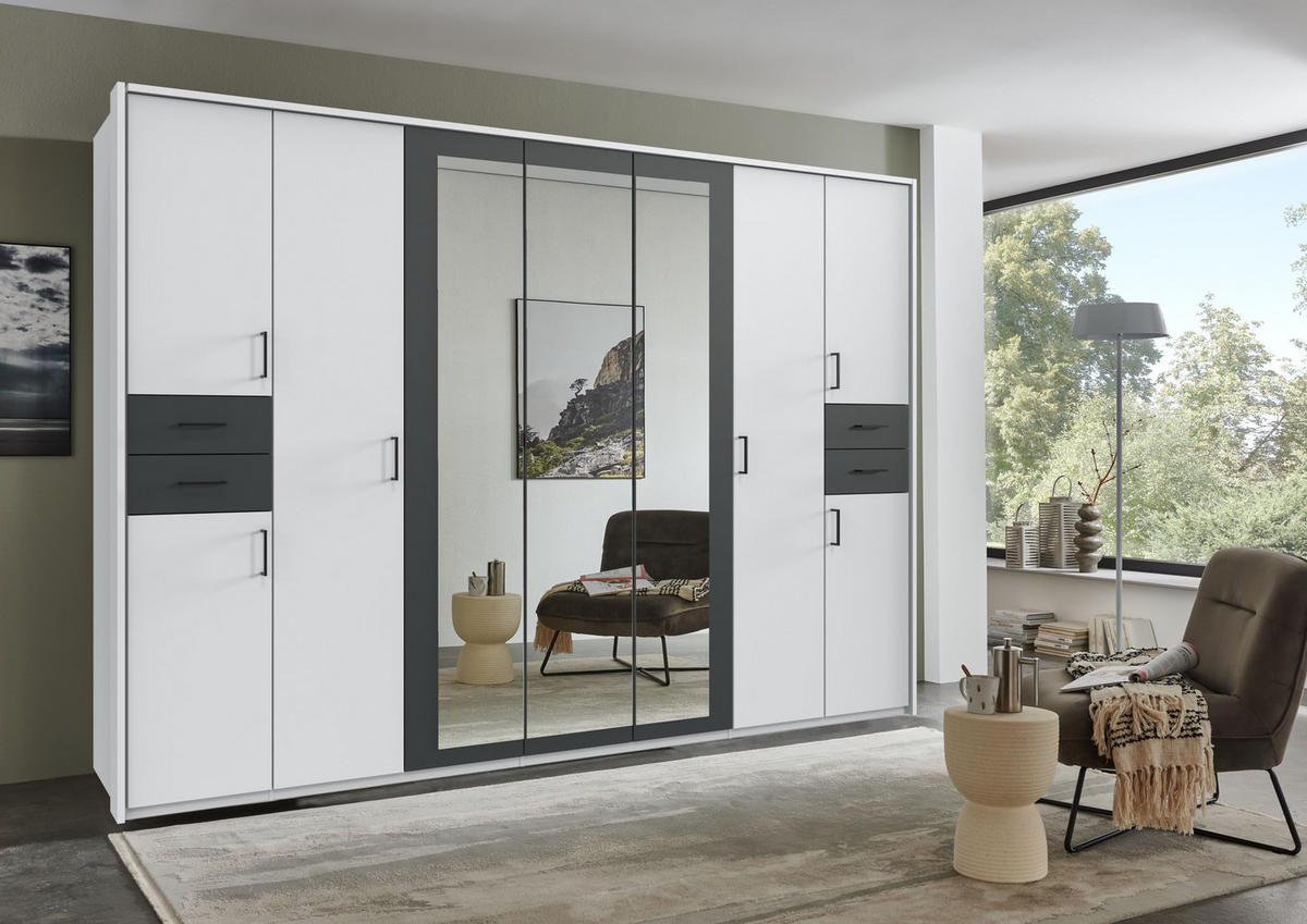 DREHTÜRENSCHRANK Kleiderschrank 313 cm mit Schubkästen & Passepartout & 3 Spiegeltüren, Weiß mit Absetzungen in Grafit, Griffe schwarz / 22584 - Graphitfarben/Schwarz, Holzwerkstoff/Kunststoff (313/210/58cm) - luma-home