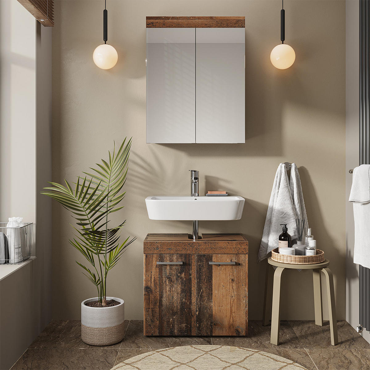 BADMÖBEL-SET Luna Oldstyle 2 Teile - Braun, Holzwerkstoff (60/56/34cm) - Vicco