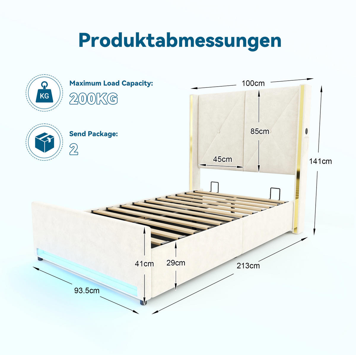 POLSTERBETT 90/200 cm mit USB, Type-C, LED und hydraulischem Bettkasten, Samt mit Seitentaschen, Beige - Beige, Textil (90/200cm) - Redom