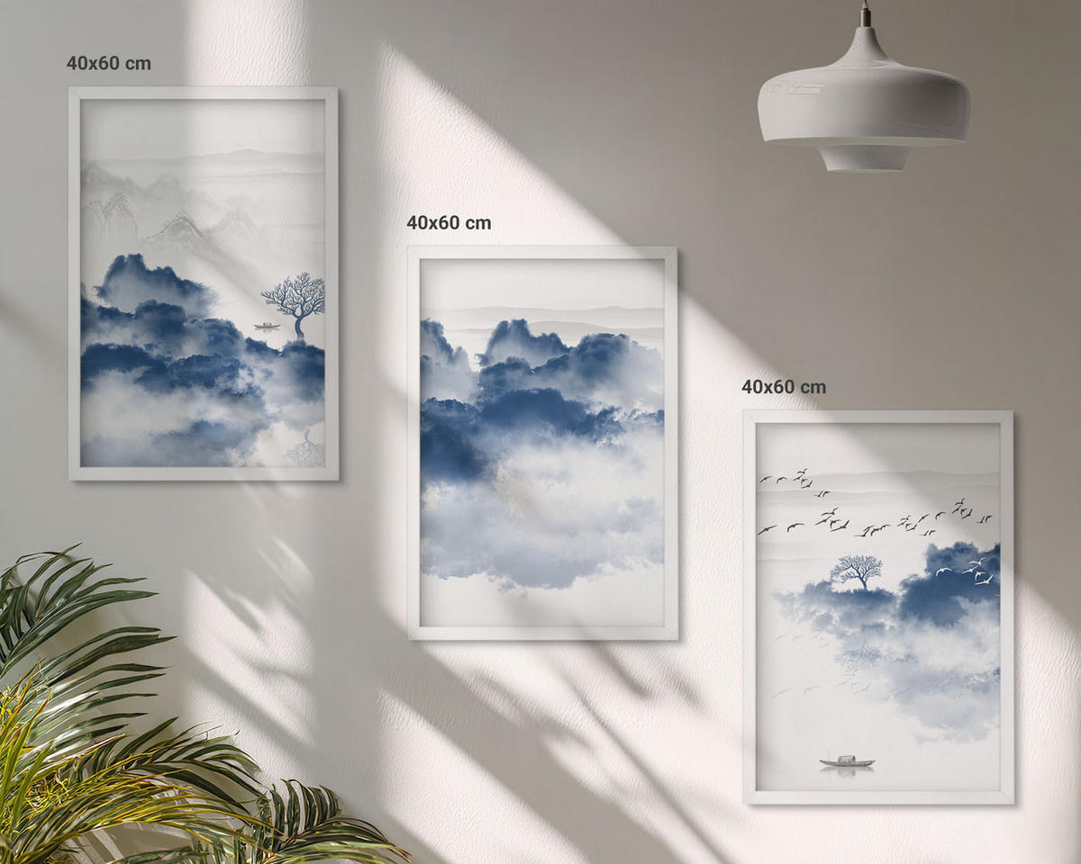 BILDER SET 3er Set - 40x60 cm Weißer Rahmen - Berge, Wolken, Bäume, Vögel - Weiß, Kunststoff (40/60cm) - TULUP